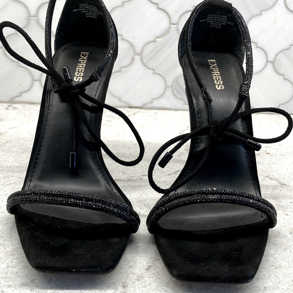 Sparkly black strappy 4” heels by Express